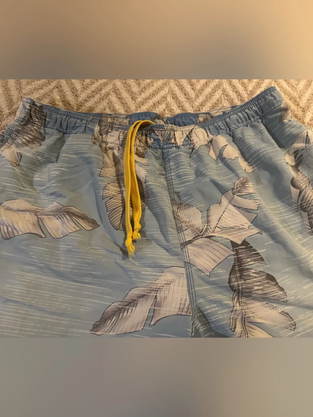 Tommy Bahama Light Blue Tropical Leaf Swim Trunks with Yellow Drawstring